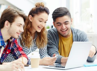 Happy learners video chatting with friends online